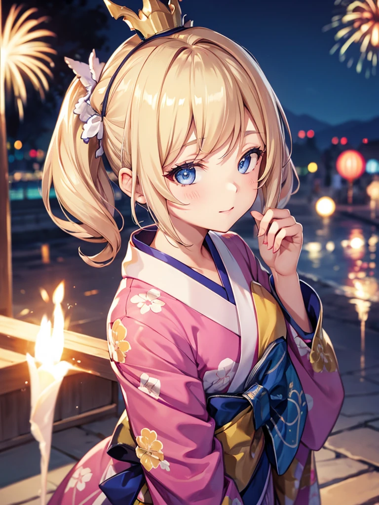 Barbara , kimono night in firework , blonde hair, pigtailed haired , blue eyes