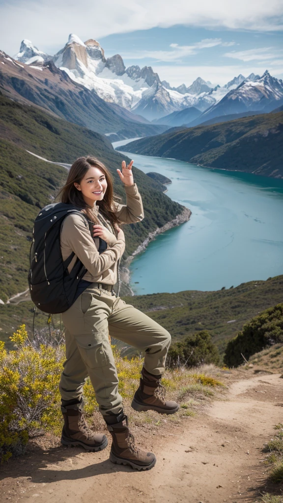 A nature-loving Chilean woman with casual, wind-tousled brown hair hikes through the Patagonian wilderness. Wearing durable hiking boots, cargo pants, and a backpack, she stands on a lookout, smiling at the camera with a panoramic view of the mountains and lakes behind her.