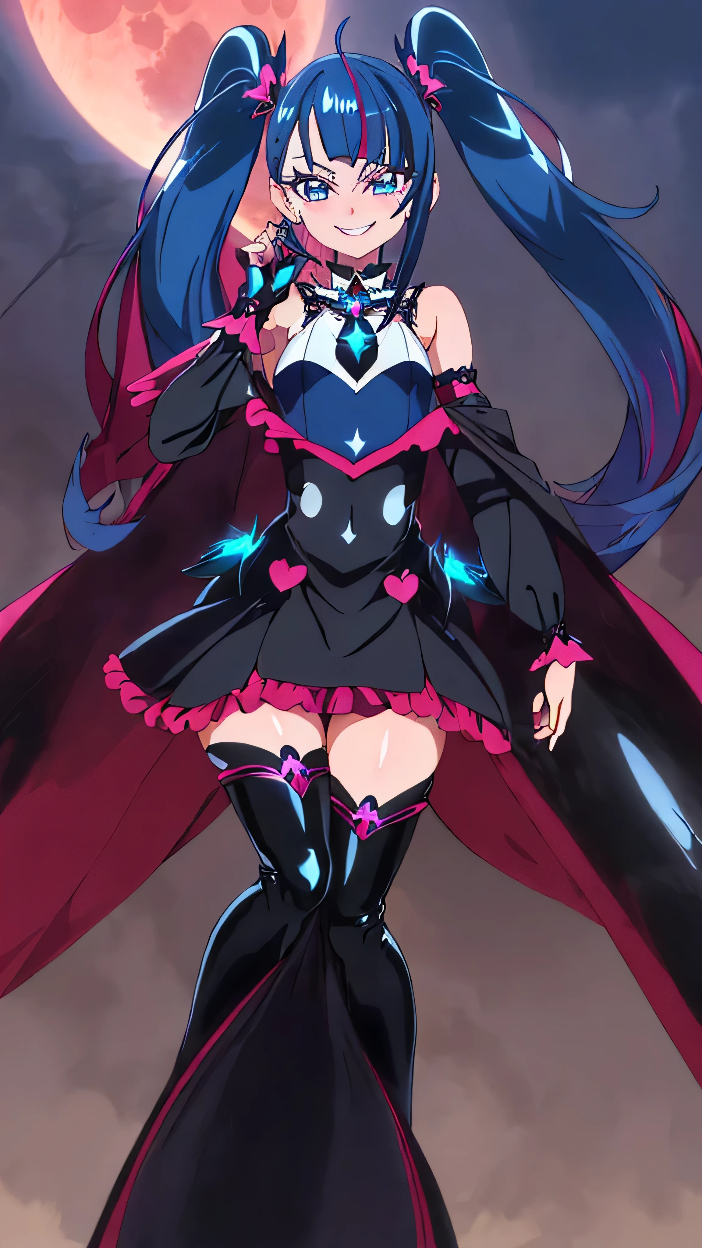 Highest quality, Super detailed,One girl, alone, {cure_null_hirogarunullprecure:1.15}, Dark blue hair, blue eyes, Blue flames in the eyes, Long Hair, Twin tails, Magical girl, bangs, Open your mouth, Redhead, multicoloRedhead, One girl, blunt bangs, Darken your clothes, hair ornaments, Wicked Smile, devilish aura (Shiny fabric:1.5), Full Body Shot, Purple Gemstone, Fascinating, blush, (Beautiful attention to detail:1.6), Highly detailed face, Perfect lighting, Highly detailed CG, (Perfect hands, Perfect Anatomy), devil, Red and black color scheme, Shiny material, Grin, blackリボン, Black satin gloves, Evil clover leaf ornament, Black ruffles, jewelry, corruption, Latex gloss, Black Gothic Cloak, Wicked Smile, Dark world background, Red Moon, cloudy null, CG Style, One-sided black wing,deep shaded face,sadistic smile,Malice,contempt,laugh at,black