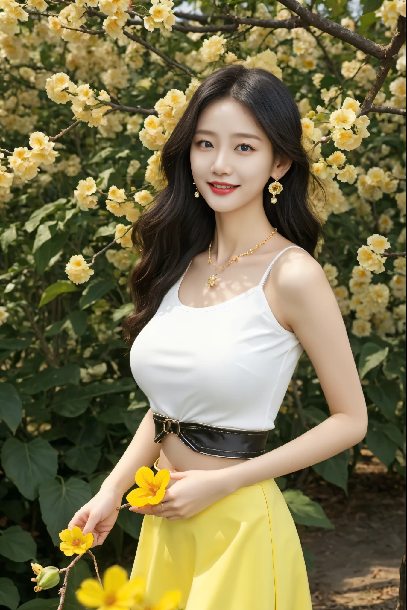 1girl, jewelry, breasts, solo, flower, earrings, holding flower, long hair, black hair, navel, holding, looking at viewer, necklace, skirt, outdoors, smile, realistic, blue eyes, circlet, cowboy shot, yellow flower, white skirt, day, closed mouth, branch