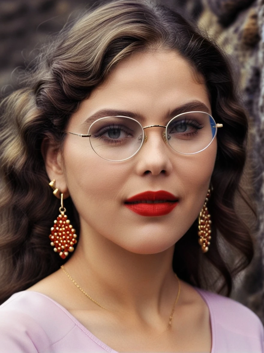 slightly curly hair, Frameless glasses, small spots under the corners of the mouth, / Pay attention to lilac earrings, slightly closed mouth, red-lips, surrealism, high detail, Strong chiaroscuro, film grains, the panorama, extra high resolution, Precise, Textured skin.