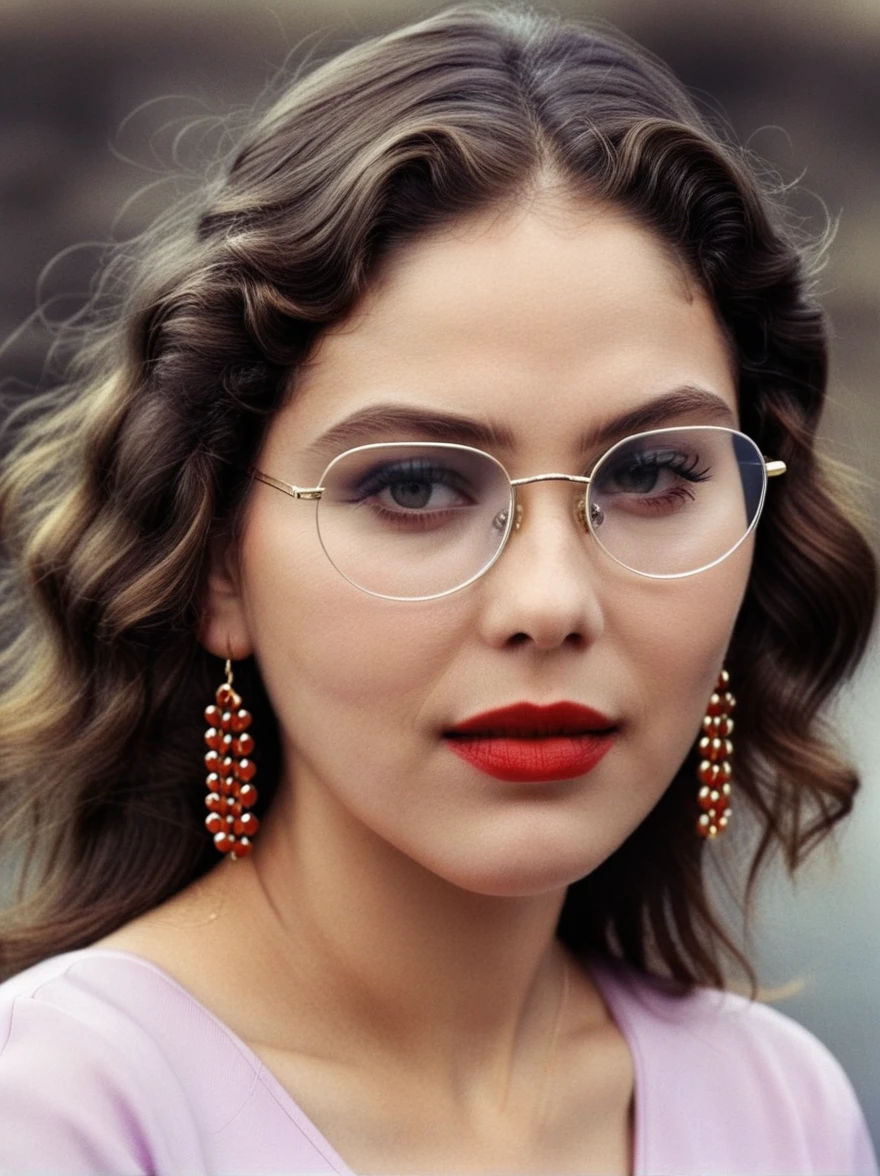 slightly curly hair, Frameless glasses, small spots under the corners of the mouth, / Pay attention to lilac earrings, slightly closed mouth, red-lips, surrealism, high detail, Strong chiaroscuro, film grains, the panorama, extra high resolution, Precise, Textured skin.