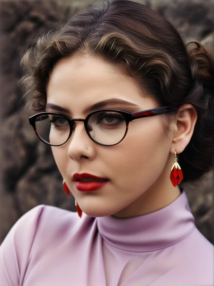 slightly curly hair, Frameless glasses, small spots under the corners of the mouth, / Pay attention to lilac earrings, slightly closed mouth, red-lips, surrealism, high detail, Strong chiaroscuro, film grains, the panorama, extra high resolution, Precise, Textured skin.