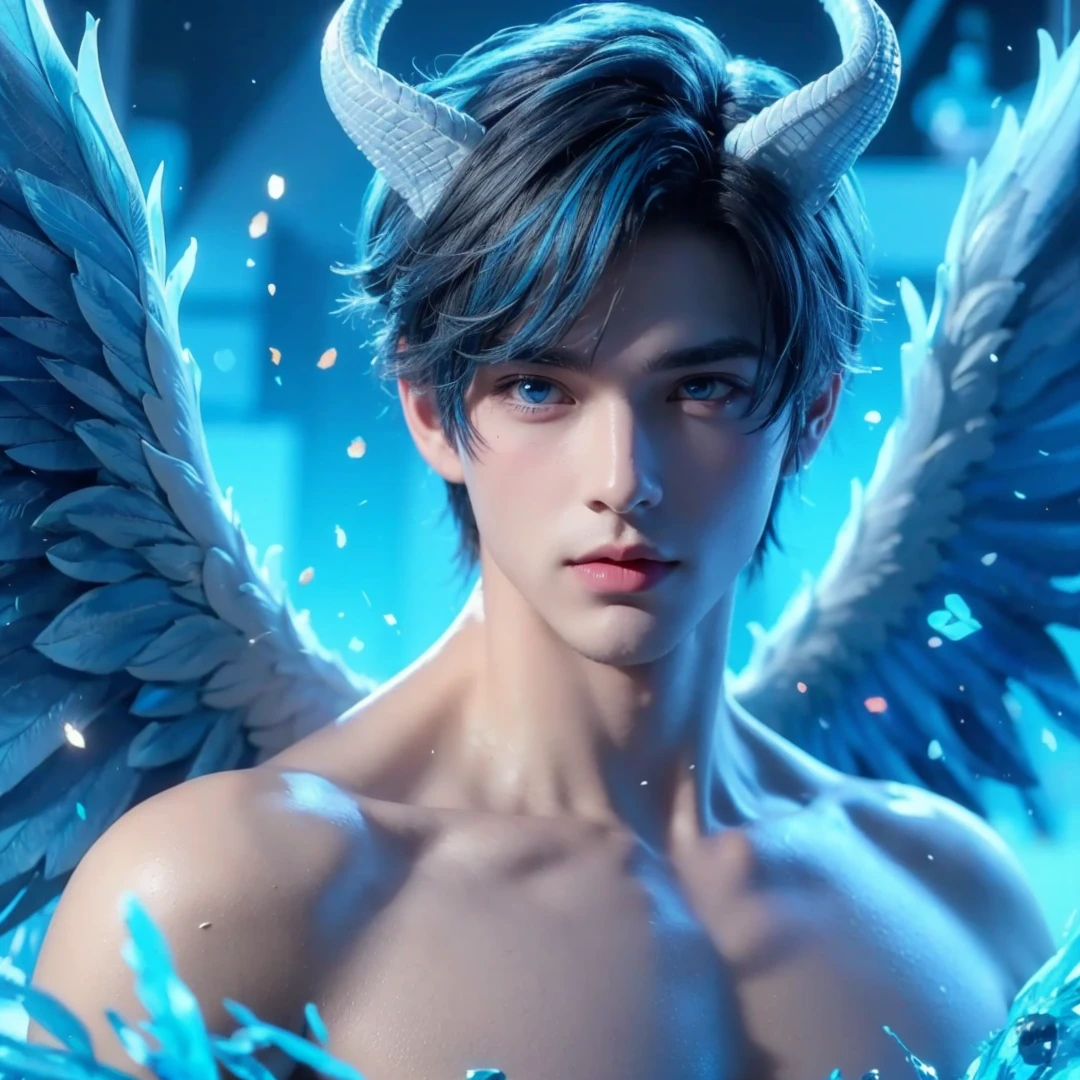 Handsome boy, blue hair, shining blue eyes, blue wings