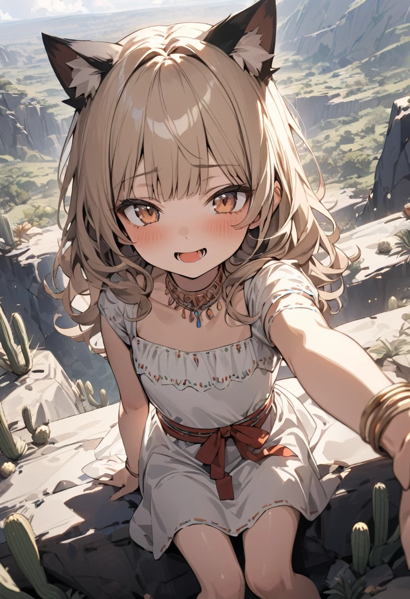 ((Masterpiece)), ((best quality)), (Anime:1.3), (super detail:1.2), (High Definition:1.3), (Professional Photography:1.3), (wide shot), (very aesthetic:1.2), (absurdres:1.2), (sharp focus), (perfect light), (()), Textured skin, cinematic lighting, from above, Textured skin, Cute teenage small breast, open mouth, ((trival anklets)), loose blunt bangs, (messy medium hair), blush and smug, cute makeup, ((wearing Mexican Folk dress)), bare foot, (Healthy body), slender body, (put on cat ears), pale brown hair, BREAK, ((best quality)), (very aesthetic:1.2), (absurdres:1.2), ((summer day)), Reaching hand, loose sitting on the wilderness, (Landscape below the wilderness with cacti),
