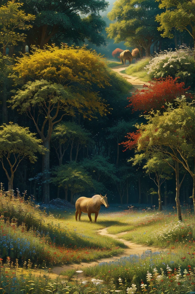 intricate,intertwining,slithering through a field of red, blue, white and golden flowers,highly detailed,photorealistic,dramatic lighting,vibrant colors,lush foliage,ethereal atmosphere,wildlife,nature,fantasy,magical realism,mesmerizing,hypnotic movement,seamless composition,award winning digital art