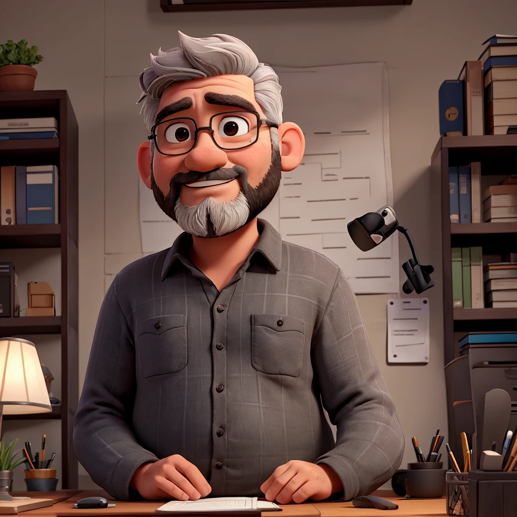 a man, gray hair, little beard, with a black shirt, chubby, sitting at an office desk