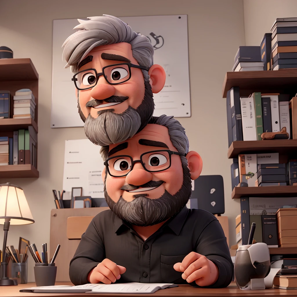 a man, gray hair, little beard, with a black shirt, chubby, sitting at an office desk