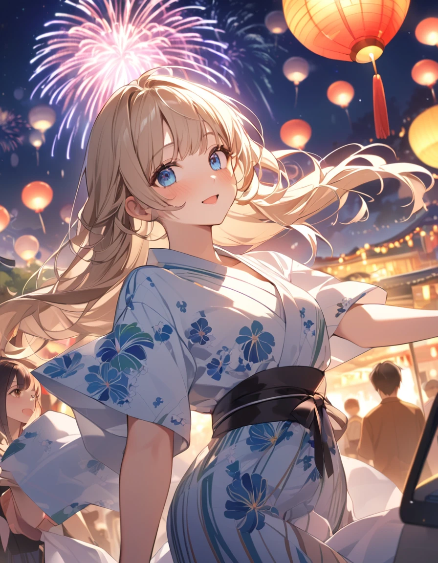 (Highest qualityのイラスト:1.2), (cute女の子:1.1), (1 girl、17 years old、Highest qualityのイラスト:1.2), (1 girl、Kind eyes、blue eyes:1.2)、Blonde、Semi-long hair、Mature、(Highest quality、Very detailed、cute、Ultra-high resolution) 、Yukata、night、Festival of the Japan、fair、Fireworks in the sky