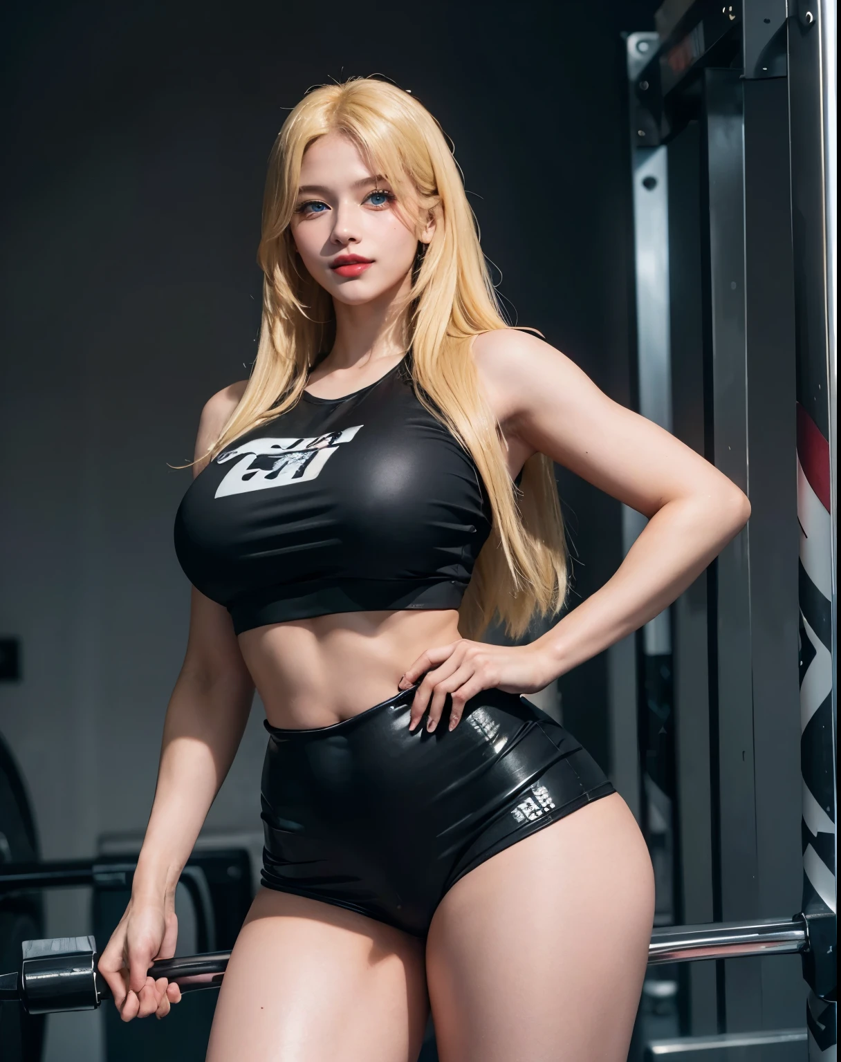 1girl, (Blue Eyes), (smiling :1.2), (Sana Minatozaki), (beautiful makeup :1.2), wide hips, (big :1.1), (big ass), (thin waist), (thick thighs), (toned legs), (Best Quality, 8k, Masterpiece: 1.3), Clear Focus: 1.2, Perfect Body Beauty: 1.4, (strong abs), Highly detailed face and skin texture, detailed eyes, double eyelids, (shiny skin :1.2), (long blonde straight hair :1.2) red lips, (blonde long straight hair :1.2), (black sports top :1.2), (black leggings :1.2), standing, dynamic pose, in a gym