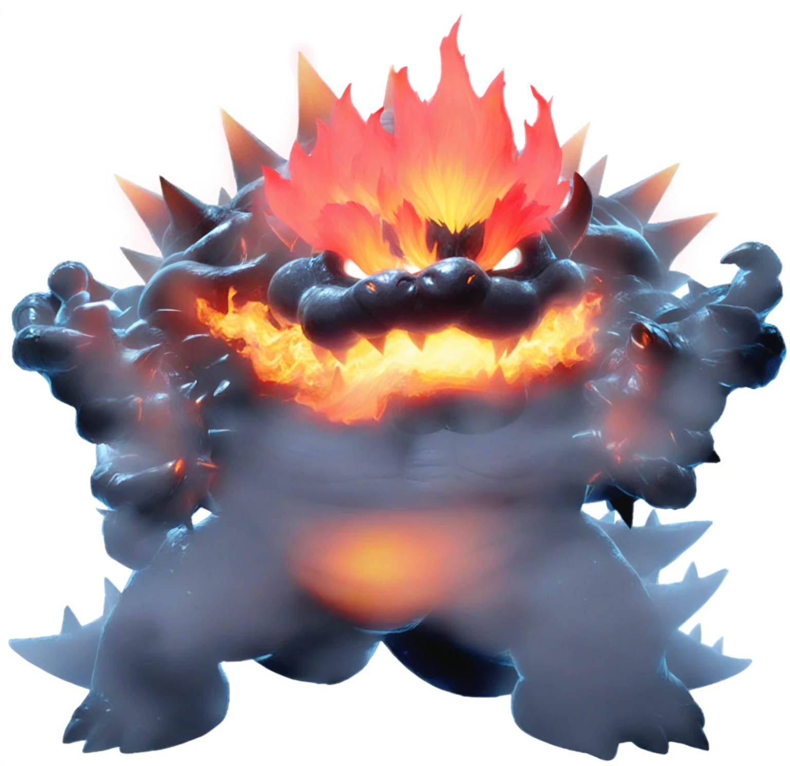 a close up of a cartoon character with a fire face, fire breathing. bowser, bowser, bowser nintendo, roshan, blazing infero, balrog, lava!!!, made of lava, glowing lava!!!, ruler of inferno, mario, final boss, koopa, menacing!!!, cacodemon, official artwork, intense smoldering, fire type
