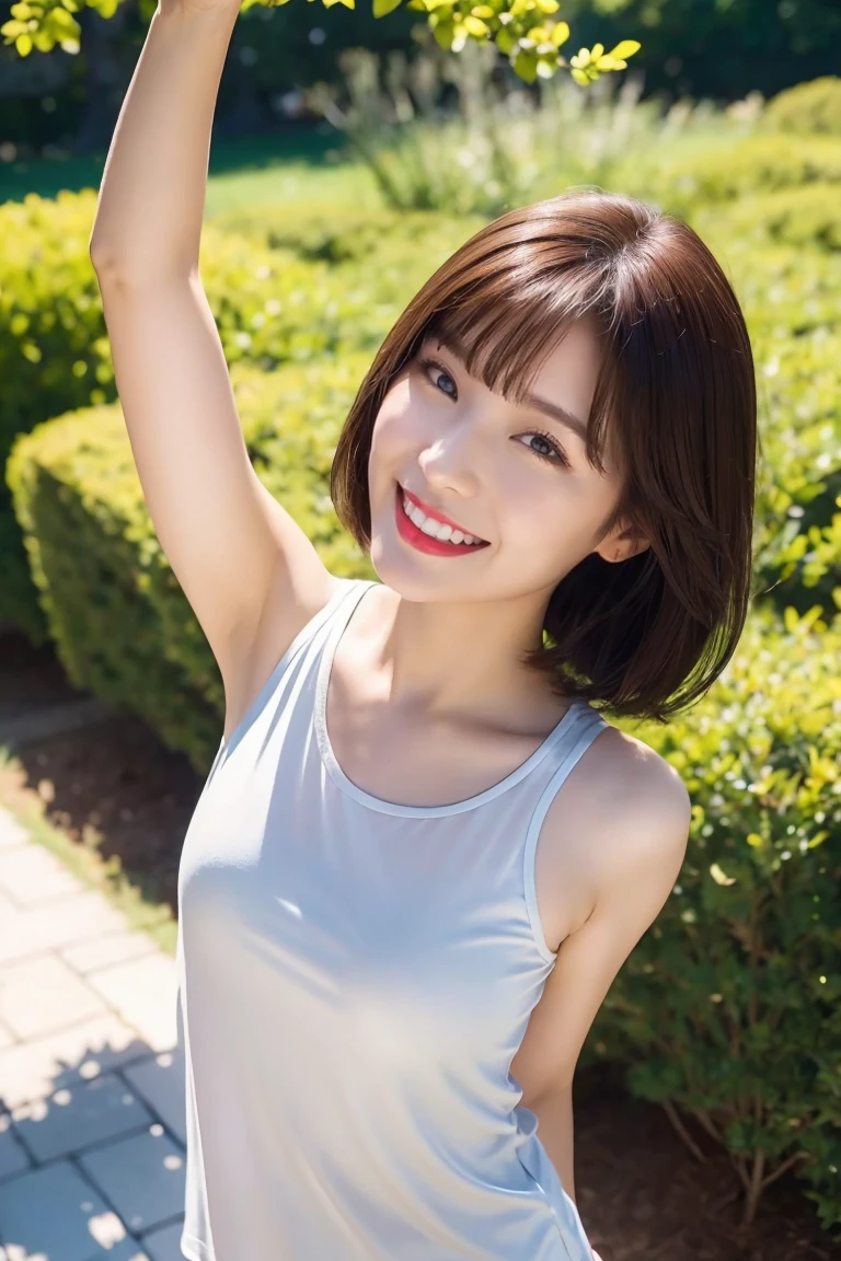 Highest quality,8k,Brown Hair,Shoulder-length bob,clear系美女,ccup,smile,Shiny skin,Clothes that are popular with men,Shown in full-body photo,Looking up,Strong sunlight, bright, She is smiling gently with the corners of her mouth turned up,Realistic skin texture,double eyelid,Japanese,Taking a selfie,Eye color is dark brown,garden,a sunny day,clear,19~22age,Photorealistic,Arms behind head,Looks energetic,giggle,Super detailed,Ultra-high resolution,She is wearing red lipstick
