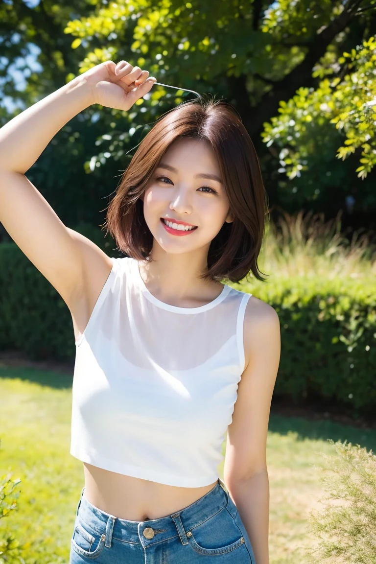 Highest quality，８ｋ，Brown Hair，Shoulder-length bob，clear系美女，ｃcup，smile，Shiny skin，Clothes that are popular with men，Shown in full-body photo，Looking up，Strong sunlight, bright, She is smiling gently with the corners of her mouth turned up,Realistic skin texture，double eyelid，Japanese，Taking a selfie，Eye color is dark brown，garden，a sunny day，clear，19～２２age，Photorealistic，Arms behind head，Looks energetic，giggle，Super detailed，Ultra-high resolution，She is wearing red lipstick