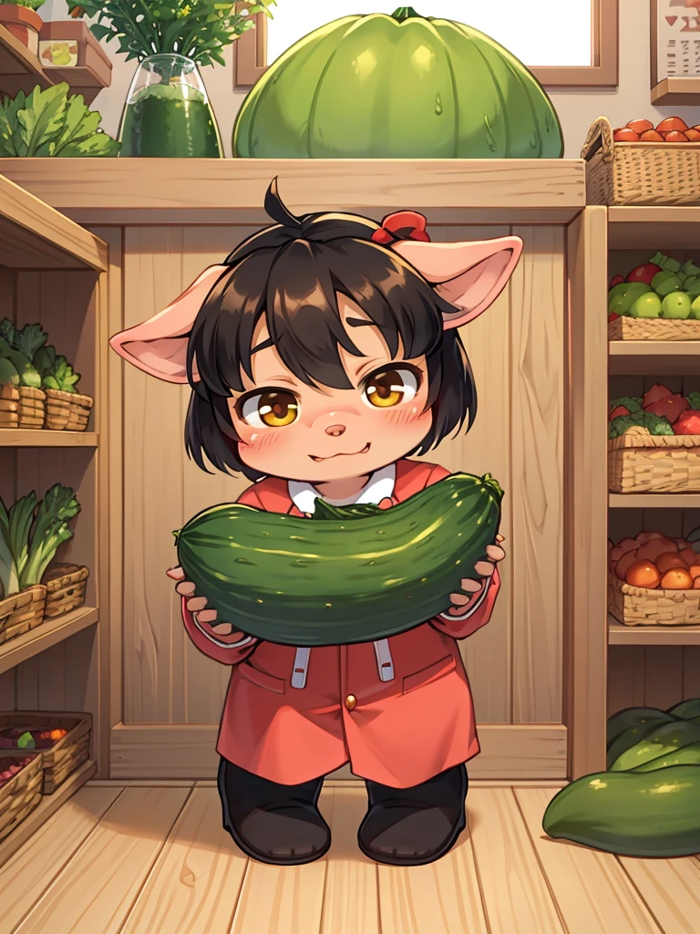 Pig Gorilla, Greengrocer, Kaoru Kumada , Welcome! , pop design , bold line , Fujiko Fujio style , troublemaker , Loved vegetables, and loved by vegetables , Stuffing oneself with cucumber
