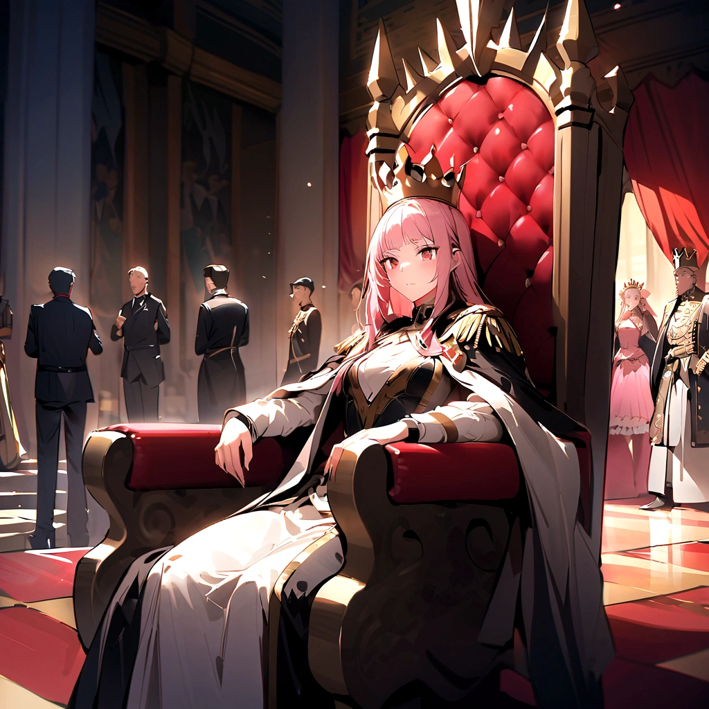 Royalty、Throne、The Prime Minister surrounded the King、Pink hair queen、A man standing next to the Queen２people、Have documents