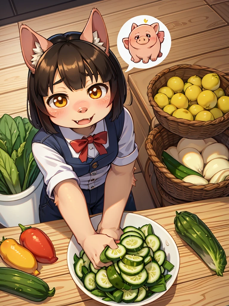 Pig Gorilla, Greengrocer, Kaoru Kumada , Welcome! , pop design , bold line , Fujiko Fujio style , troublemaker , Loved vegetables, and loved by vegetables , Stuffing oneself with cucumber