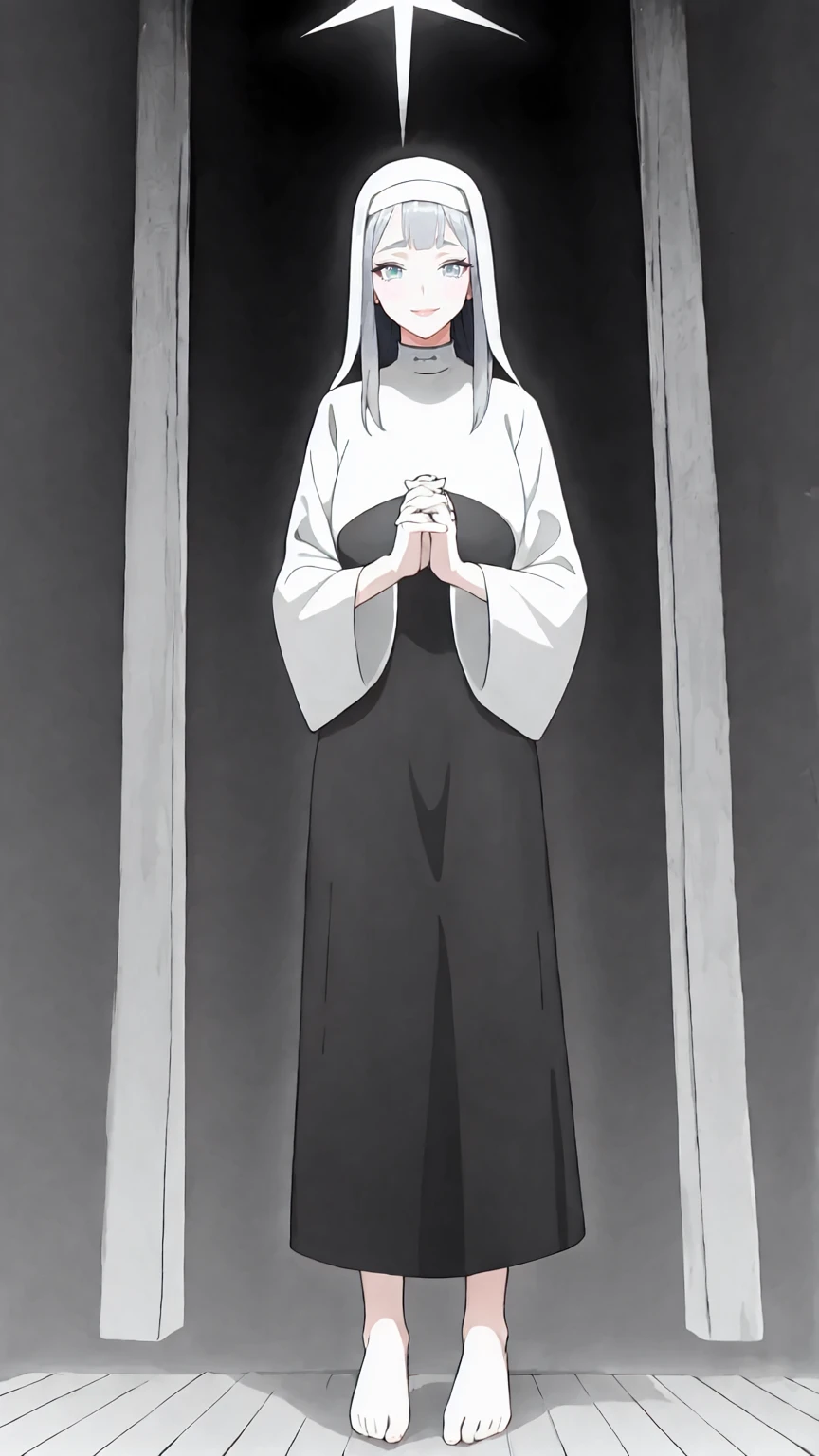 black an white, linear, An anime-style lineart image of a standing nun praying with her hands together and bare feet.