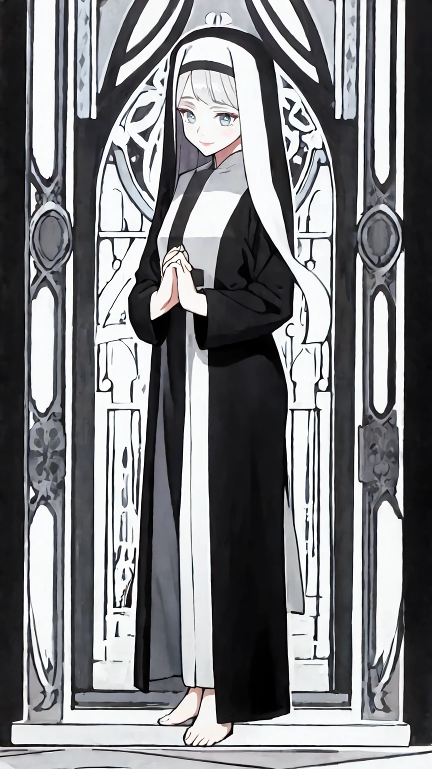 black an white, linear, An anime-style lineart image of a standing nun praying with her hands together and bare feet.