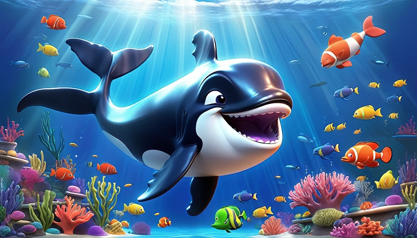 Create a 3-D Pixar style art scene for kids featuring a baby whale swimming alongside its mother. The scene should be colorful and vibrant, with an ocean background, coral reefs, and schools of fish. The text 'A baby whale is called a calf!' should be prominently displayed. The overall mood should be engaging and inviting for young children