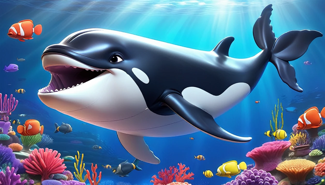 Create a 3-D Pixar style art scene for kids featuring a baby whale swimming alongside its mother. The scene should be colorful and vibrant, with an ocean background, coral reefs, and schools of fish. The text 'A baby whale is called a calf!' should be prominently displayed. The overall mood should be engaging and inviting for young children