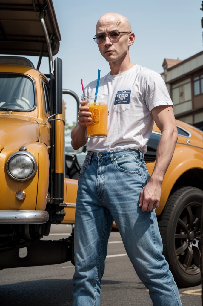 I would like a sketch, where you can see a gas pump at a gas station on which the word “beer” is written. A boy with baggy jeans and a t-shirt and a center parting stands next to it and holds the hose of the gas pump and pours the liquid into himself, that comes out, in his mouth
