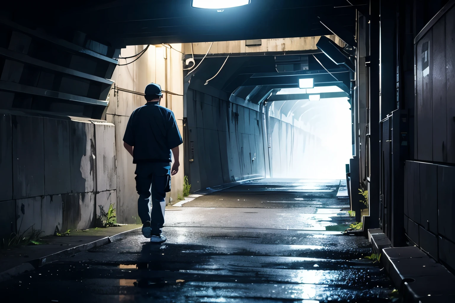 The feet of a middle-aged man walking down a street at night、Close-up of white sneakers、Navy blue cargo pants、A dark and mysterious walkway under a bridge at night、Pitch black、