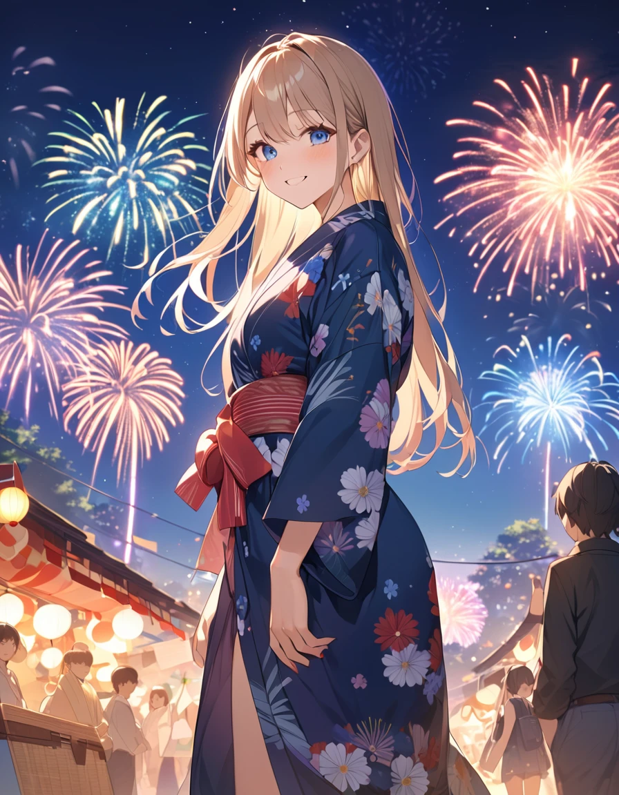 (Highest qualityのイラスト:1.2), (cute女の子:1.1), (1 girl、、Highest qualityのイラスト:1.2), (1 girl、Kind eyes、blue eyes:1.2)、Blonde、Semi-long hair、Mature、(Highest quality、Very detailed、cute、Ultra-high resolution) 、Yukata、smile、night、Festival of the Japan、fair、Fireworks in the sky