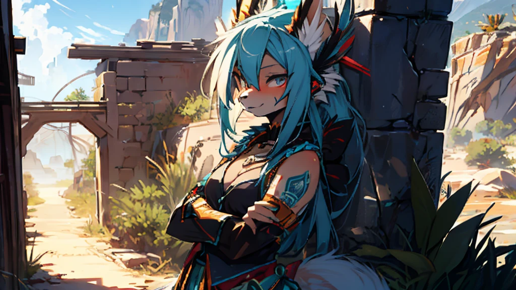 Miku Hatsune (furry) blue fur, fox girl x aloy forbidden horizon dragon west armor tenack, add high definition_detail:1, blue fur,kitsune ears, tribal tattoo add_detail:1, sensual pose against the wall add_details:1, tribal feather necklace, rainbow feather skirt, Tribal feather body decorations in high definition., tribal feather bralette, desert landscape oasis in the background, exhausted girl, perspiration, very hot, intense sun add_detailsl