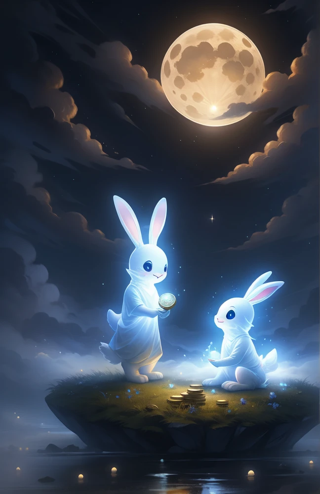 (((Ghost Bunny ))) Cute sky creatures, Two floating fish at night, Two dogs passing coins, Two dogs exchanging coins, Bitcoin,Lots of coins, moonlight,Magic in the air,Calm and peaceful atmosphere,Signs of fog in the distance,Great quality,Infinite photorealistic detail
