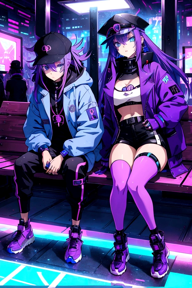 Futuristic anime cool hip-hop girl, long asymmetrical purple hair with blue tips, blue eyes, wearing a high-tech office suit style with LED accents, cyberpunk LED accessories, black LED hip-hop cap. Sitting Confident Posing as hip-hop on the bench.  The coated bubblegum candy world City of pastel colors. Busy chaos city.