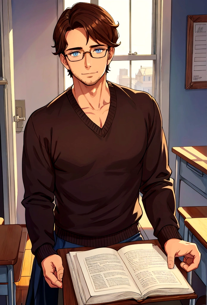 handsome man with brown hair and blue eyes, wearing a sweater, soft smile, classroom setting, round framed glasses, painted
