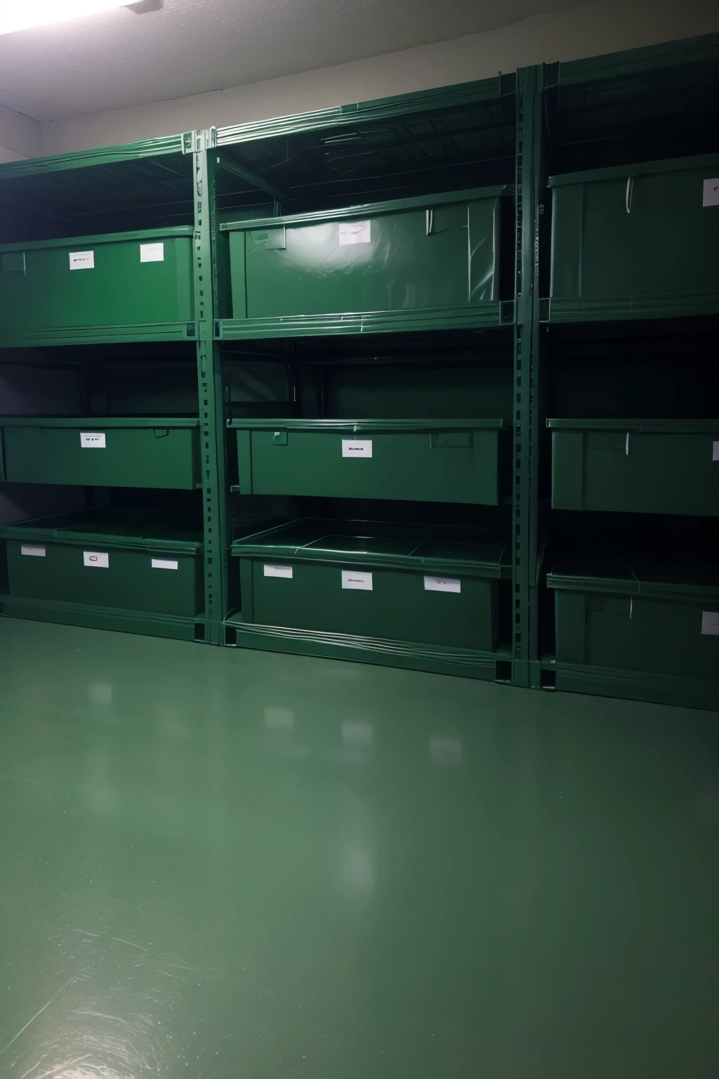 Room with racks filled with dark green packages, I need the center free to be able to post images later