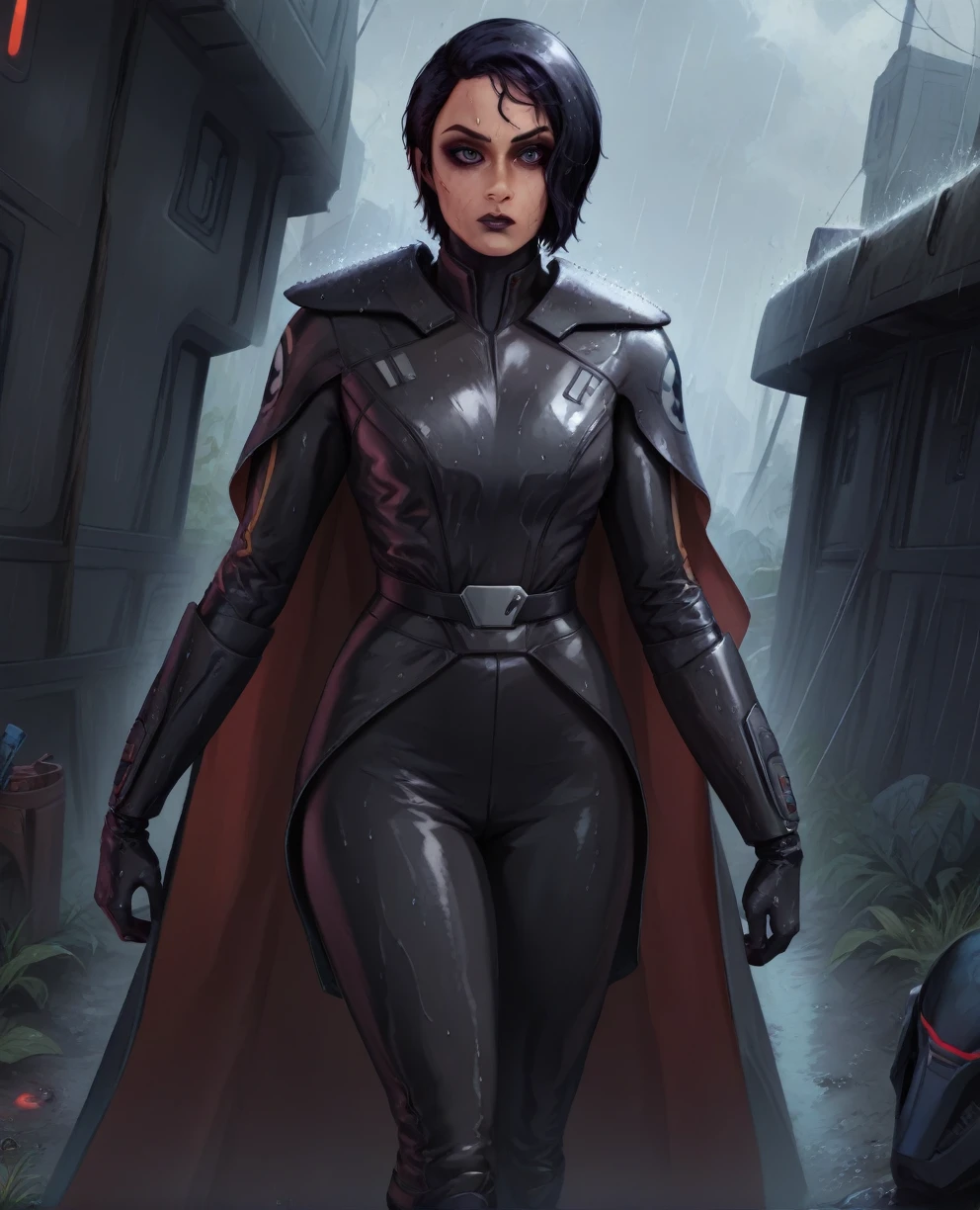 score_9,score_8_up,score_7_up,score_6_up, Black woman sabine wren ,,black hair, FULL body, wet, armor,gloves,black bodysuit,black cape,belt,rain, science fiction,sith base, star wars, outdoors, rain, solo,fflixbag wearing armor sabine wren space_girl
