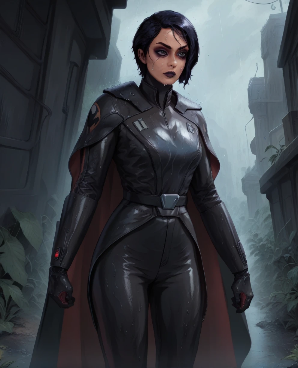 score_9,score_8_up,score_7_up,score_6_up, Black woman sabine wren ,,black hair, FULL body, wet, armor,gloves,black bodysuit,black cape,belt,rain, science fiction,sith base, star wars, outdoors, rain, solo,fflixbag wearing armor sabine wren space_girl
