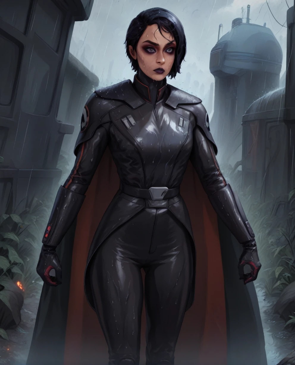 score_9,score_8_up,score_7_up,score_6_up, Black woman sabine wren ,,black hair, FULL body, wet, armor,gloves,black bodysuit,black cape,belt,rain, science fiction,sith base, star wars, outdoors, rain, solo,fflixbag wearing armor sabine wren space_girl
