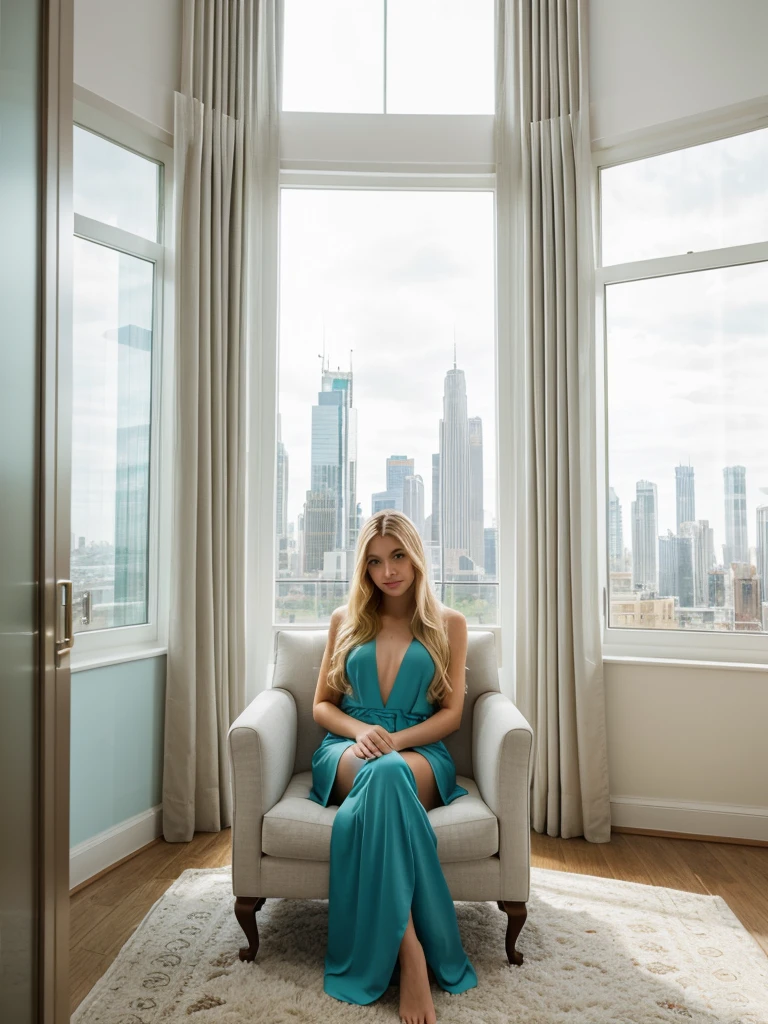 A young woman with long blonde hair sits in an elegant, teal-colored armchair by a large window overlooking a cityscape with skyscrapers. She is naked. The soft, natural light from the window illuminates her face and highlights the serene, relaxed ambiance of the room. The decor includes light-colored walls, a framed picture, and curtains partially drawn to one side. The overall mood is sophisticated and calm, blending modern urban life with a touch of elegance.