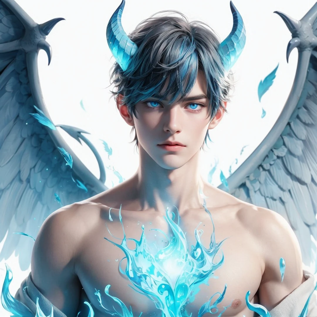 Handsome boy, blue hair, shining blue eyes, blue wings