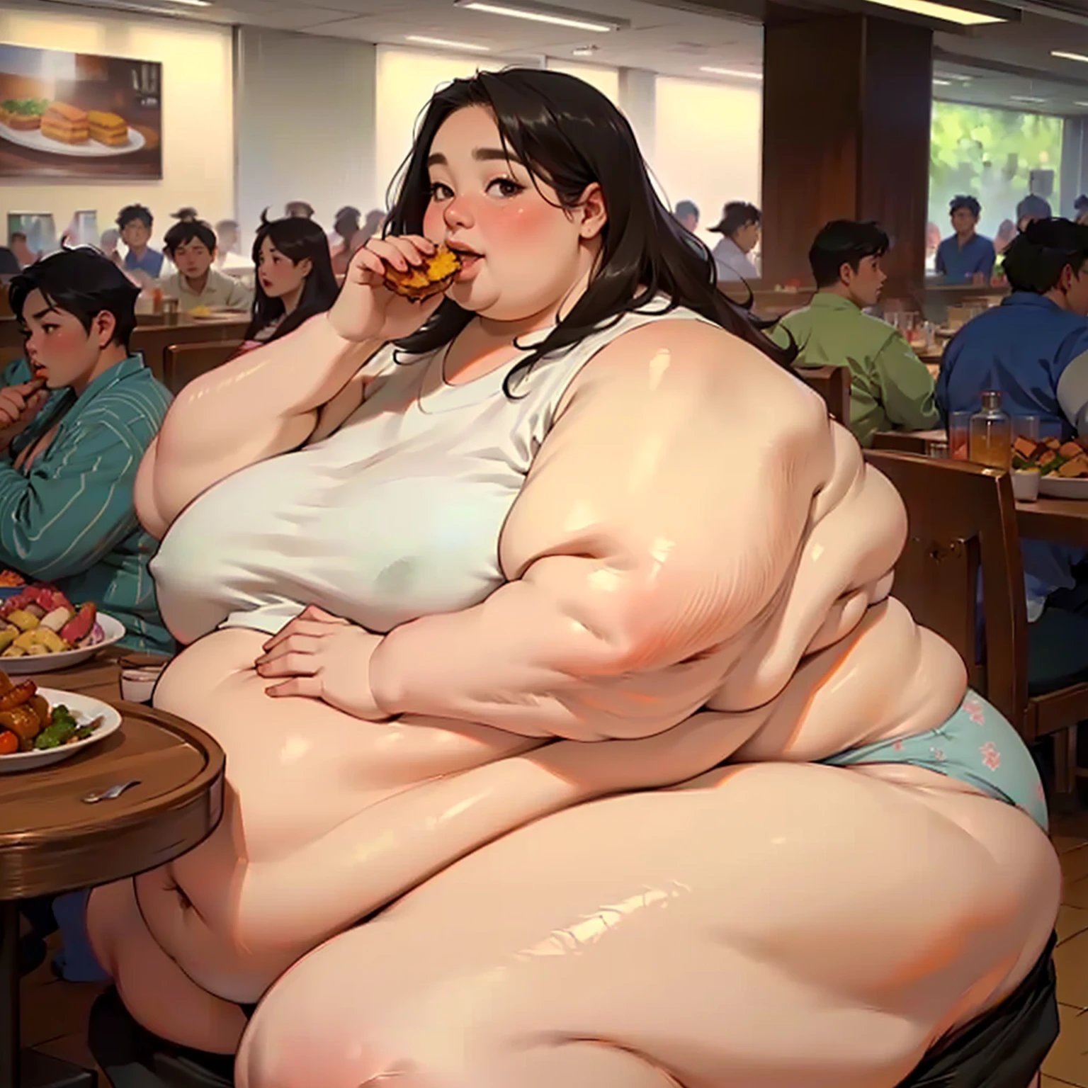 (masterpiece, best quality, highres, detailed, realistic:1.2), korean woman, young, ager, USSBBW, (morbidly obese, fatblob:1.5), (gigantic belly:1.3), (detailed face, beautiful face), high aesthetic, eating junk food, panties, surrounded by concerned friends, restauraunt