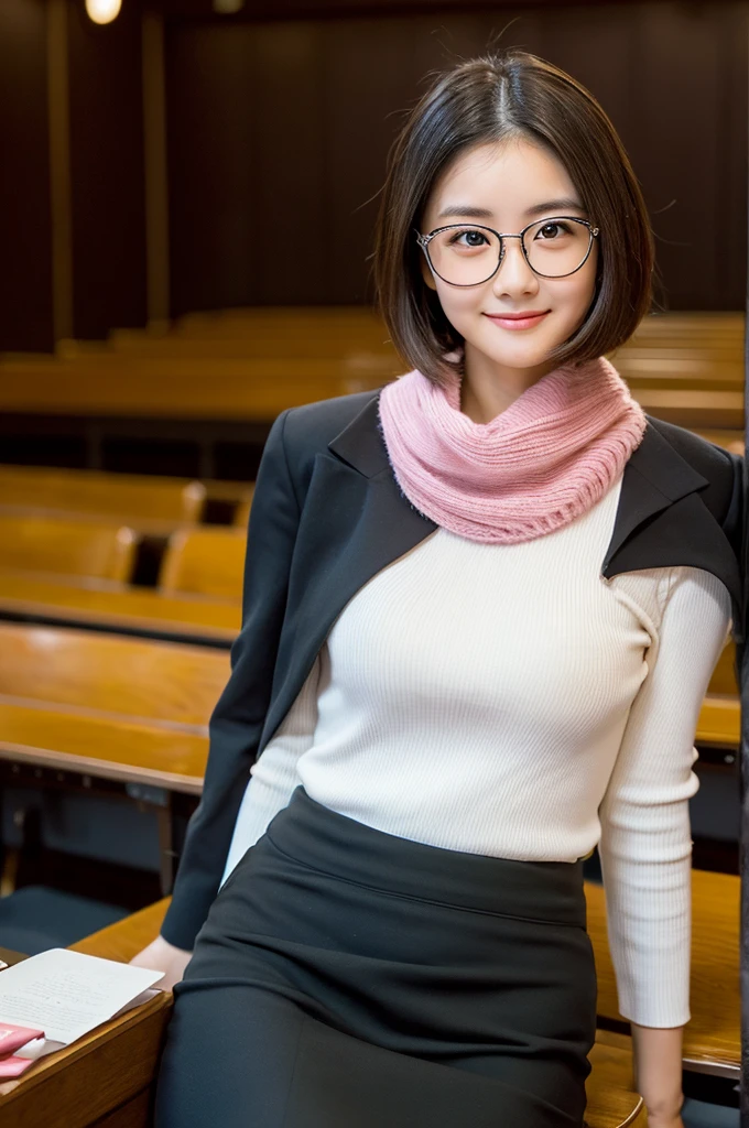 University lecture hall, university psychology associate professor, ((full body)), ((photo)), ((best qualtiy, 8K, tmasterpiece:1.3)), Focus:1.2, perfect figure beautiful woman:1.4, 1woman, cowboy shot, look at viewer, eyes facing the camera, incredibly absurd, beautiful and cute woman with a photorealistic face, showcasing top-quality craftsmanship, A Japanese woman giving a lecture at a university lecture hall, 27 years old, with a bob cut and flipped hair, short bangs swept at an angle, smooth and shiny hair, natural hairline, fair and smooth skin, plump and healthy cheeks, large, jet black eyes, round eyes, long and upward-facing eyelashes, double eyelids, thin and straight eyebrows, small and round nose, plump lips, upturned corners of the mouth, charming smile, cute face, glamorous, well-balanced proportions, tall, beautiful D-cup breasts, silver-rimmed glasses, pink blouse, black tight skirt, fashion with a waist-marked silhouette, scarf, heeled shoes, vanilla perfume, beautiful, pretty older woman, glasses suit her, knowledgeable, playful, curious, intelligent, elegant, November
