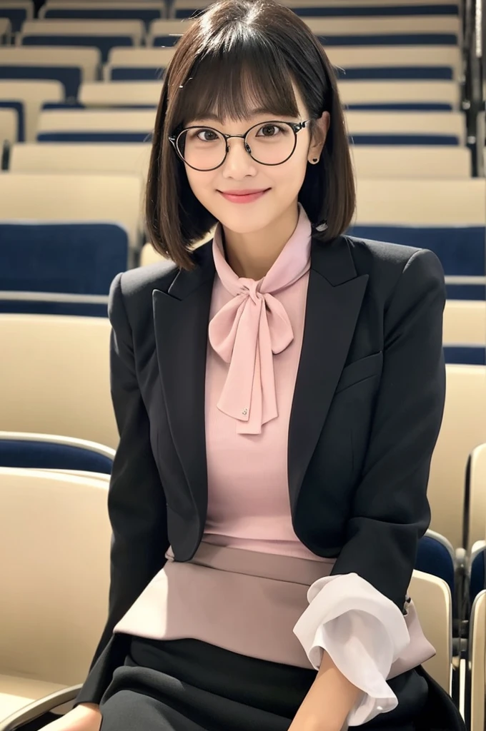 University lecture hall, university psychology associate professor, ((full body)), ((photo)), ((best qualtiy, 8K, tmasterpiece:1.3)), Focus:1.2, perfect figure beautiful woman:1.4, 1woman, cowboy shot, look at viewer, eyes facing the camera, incredibly absurd, beautiful and cute woman with a photorealistic face, showcasing top-quality craftsmanship, A Japanese woman giving a lecture at a university lecture hall, 27 years old, with a bob cut and flipped hair, short bangs swept at an angle, smooth and shiny hair, natural hairline, fair and smooth skin, plump and healthy cheeks, large, jet black eyes, round eyes, long and upward-facing eyelashes, double eyelids, thin and straight eyebrows, small and round nose, plump lips, upturned corners of the mouth, charming smile, cute face, glamorous, well-balanced proportions, tall, beautiful D-cup breasts, silver-rimmed glasses, pink blouse, black tight skirt, fashion with a waist-marked silhouette, scarf, heeled shoes, vanilla perfume, beautiful, pretty older woman, glasses suit her, knowledgeable, playful, curious, intelligent, elegant, November