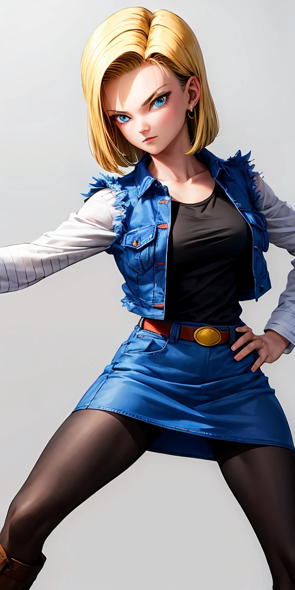 Masterpiece:1.2, high quality, Best Quality, No background, White background, Y18, 1 girl, Android 18, Alone, by rubio, Blue eyes, short hair, earrings, jewelry, denim dress, open vest, black pantyhose, black shirt, denim skirt, striped long sleeves, blue skirt, medium breasts, fighting stance, shoot from the front, cowboy shot,