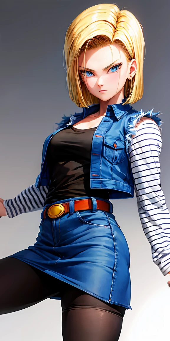 Masterpiece:1.2, high quality, Best Quality, No background, White background, Y18, 1 girl, Android 18, Alone, by rubio, Blue eyes, short hair, earrings, jewelry, denim dress, open vest, black pantyhose, black shirt, denim skirt, striped long sleeves, blue skirt, medium breasts, fighting stance, shoot from the front, cowboy shot,