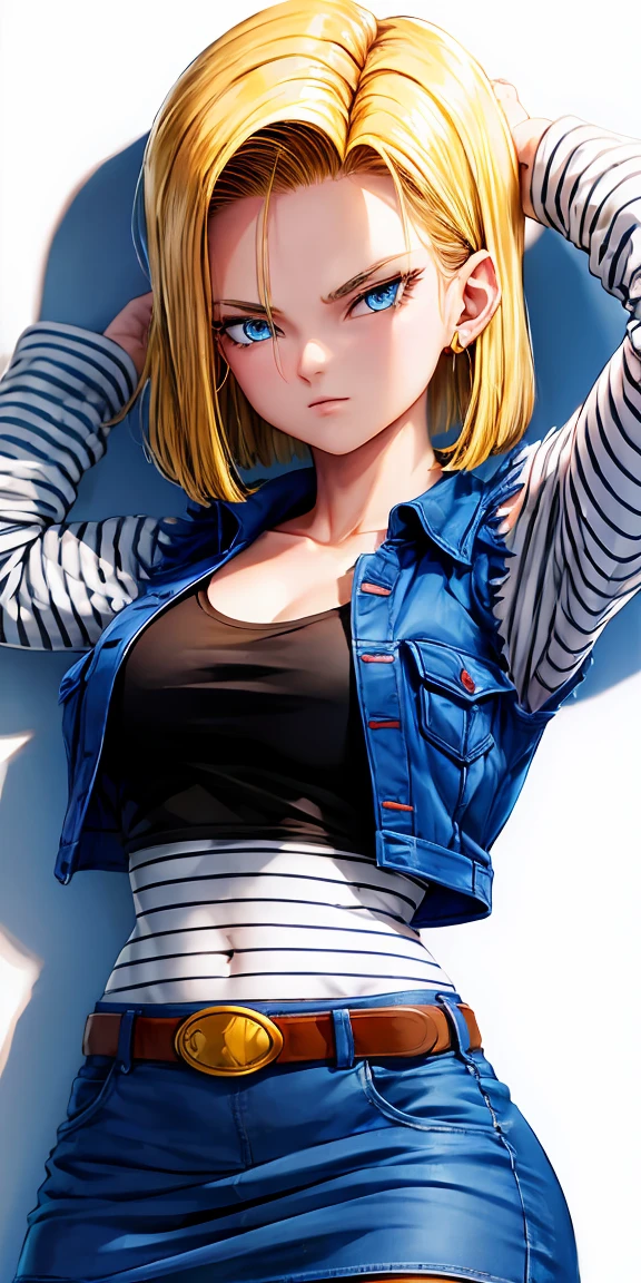 Masterpiece:1.2, high quality, Best Quality, No background, White background, Y18, 1 girl, Android 18, Alone, by rubio, Blue eyes, short hair, earrings, jewelry, denim dress, open vest, black pantyhose, black shirt, denim skirt, striped long sleeves, blue skirt, medium breasts, fighting stance, shoot from the front, cowboy shot,