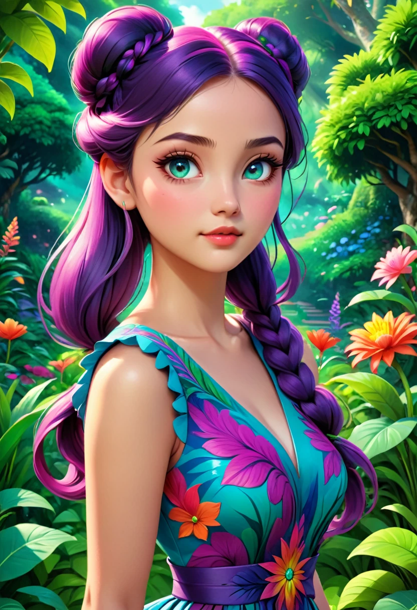 A young woman with long, flowing twin tails, beautiful detailed eyes, beautiful detailed lips, extremely detailed face, long eyelashes, wearing a colorful dress, standing in a lush, vibrant garden, (best quality,4k,8k,highres,masterpiece:1.2),ultra-detailed,(realistic,photorealistic,photo-realistic:1.37),detailed fantasy landscape, intricate details, vibrant colors, soft lighting, cinematic composition, dreamlike atmosphere