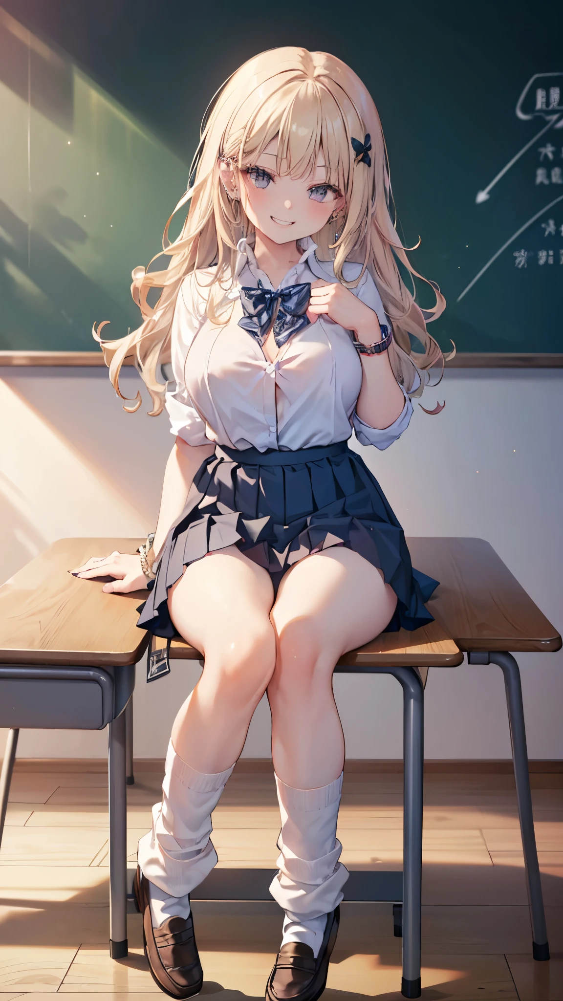 ((masterpiece、Highest quality、Very detailed))、One Girl、gyaru、Blonde、Long Hair、Wavy Hair、Grey Eyes、evil smile、((Grin))、lip、((lots of piercings))、Large Breasts、((Bow tie on the chest))、((White shirt))、((Black pleated skirt))、bracelet、((white buggysocks))、loafers、Sit on a chair、Classroom Background