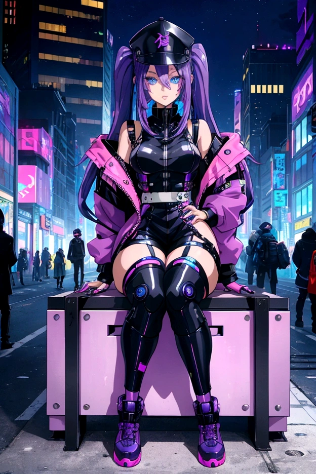 Futuristic anime cool hip-hop girl, long asymmetrical purple hair with blue tips, blue eyes, wearing a high-tech office suit style with LED accents, cyberpunk LED accessories, black LED hip-hop cap. Sitting Confident Posing as hip-hop on the bench. The coated bubblegum candy world City of pastel colors. Busy chaos city.