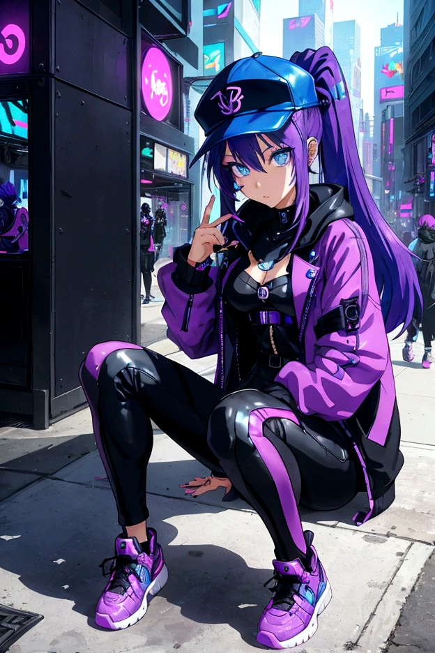 Futuristic anime cool hip-hop girl, long asymmetrical purple hair with blue tips, blue eyes, wearing a high-tech office suit style with LED accents, cyberpunk LED accessories, black LED hip-hop cap. Sitting Confident Posing as hip-hop on the bench. The coated bubblegum candy world City of pastel colors. Busy chaos city.