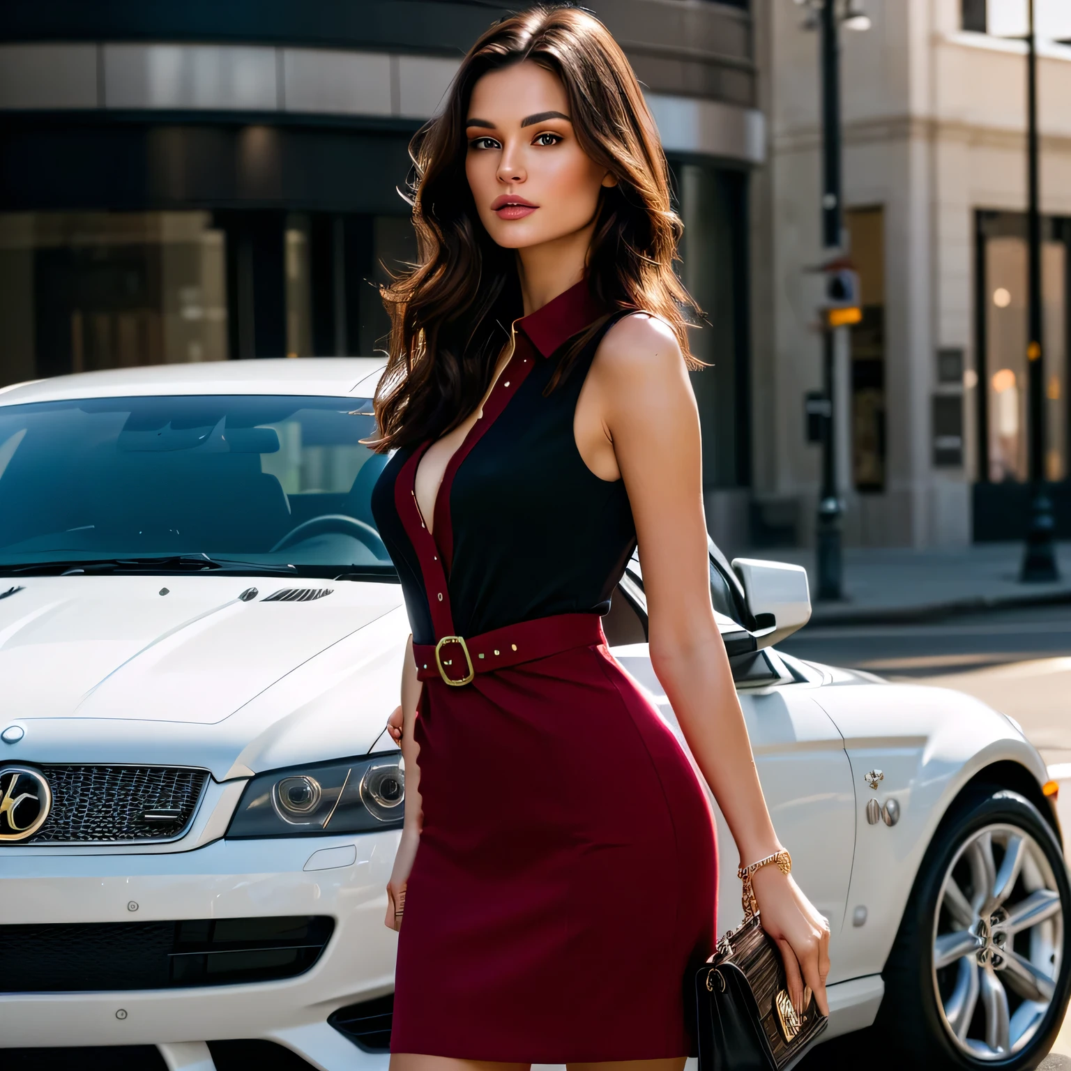 Woman standing next to a white car with Georgia license plates, wearing a wine red Polo Ralph Lauren micro dress, holding a red Michael Kors bag.

Woman, ((Masterpiece, best quality)), full body view, detailed skin, highly detailed, cinematic lighting, ultra realistic, dark brown hair, medium hair, portrait, cleavage, full body view, contrast, close-up up, light cinematic, ultra-high resolution, RAW.

Woman with white skin and dark brown hair. She is around 40 years old, 165 cm tall and weighs 56 kg. She has a perfect mouth, a perfect face. Her body exudes glamor and her face is a definition of beauty. Slender body, thin waist. Highly realistic, hyperrealism, very elaborate skin, perfect face. Sharp photo, high resolution, high quality, masterpiece, 16K photo, high contrast, masterpiece