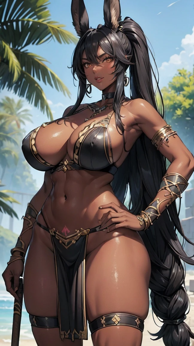 (masterpiece), best quality, highly detailed faces, (SHARP details), 4k, highly detailed, expressive eyes, SHARP detail expressive eyes, (SHARP detail perfect face), ((dark skin)), (bunny ears), (viera), ((black hair)), (choker) amber eyes, ponytail, wild tomboy hair, smiling, (wearing tribal outfit), 20 years old, cleavage, ((solo)), nice hips, curvy, tall woman, (huge breasts), ((bone accessories)), tribal, tattoos, ((white tribal marks on body)), bone accessory, loincloth, piercings, (white marks on skin), (tribal marks), earrings on bunny ears, amazon, fur clothes, (fur skirt), (bone armor), ((amazon matriarch)), sfw, ((wearing amazon armor)), (loincloth), jungle, amazons, tents, (holding a spear in hand), black wolf in background, 1 animal, wolf,