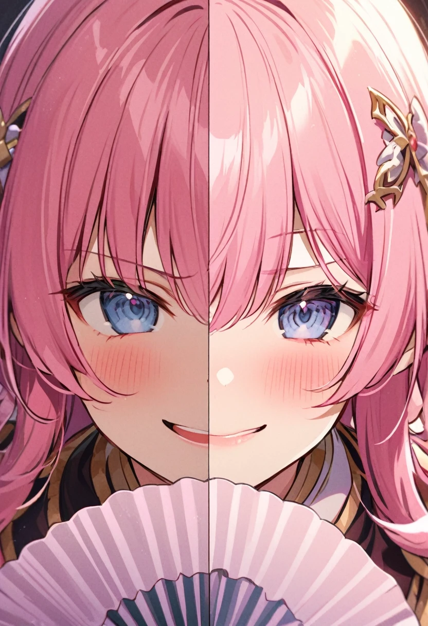arrogant、Pink Hair Woman、Holding a fan、smiling、Frilled Fan、Dress up、hair ornaments、Ahohohoho、Bullying face、Close-up of face、Hide your mouth with a fan、No panel layout